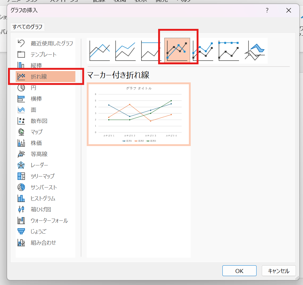折れ線 > マーカー付き折れ線グラフを選択する画面 折れ線 > マーカー付き折れ線グラフを選択する画面